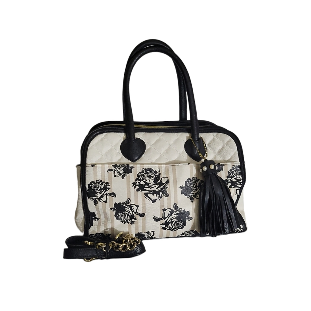 Betsey Johnson Handbag with Shoulder Strap: White w/Black Roses